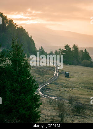 Backcountry dirt road wuth many puddles on foothills of lower tatras mountain in Slovakia at sunset time. Stock Photo