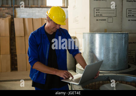 Attentive worker using laptop in olives factory Stock Photo