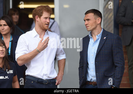 Prince Harry meets former Leeds Rhino rugby league player, Kevin Sinfield during his visit to the Headingley Carnegie Stadium in Leeds, on the first day of his two-day visit to the city. Stock Photo