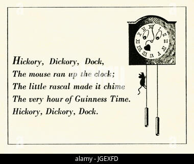 An advert for a Guinness stout beer - it appeared in a magazine published in the UK in 1947. The advert and illustration is based around the children's nursery rhyme (rime) 'Hickory, dickory, dock' with a mouse running up the clock Stock Photo