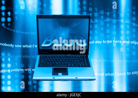 laptop screen with blog word coming out of it, blogging concept Stock Photo