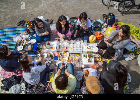 Japanese picnic in the park in Asakusa, Tokyo, Japan. Stock Photo