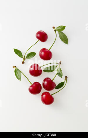 Sour cherries on white background. Fresh red cherries with stems and leaves. Organic sour cherry, ripe. Stock Photo