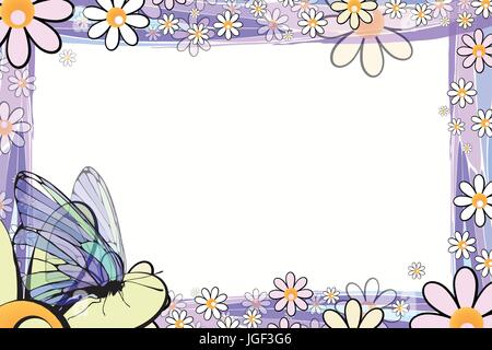 Photo frame summer. Vector illustration for your design. Elements of mosaic and butterflies on chamomiles. Horizontal sheet orientation Stock Vector