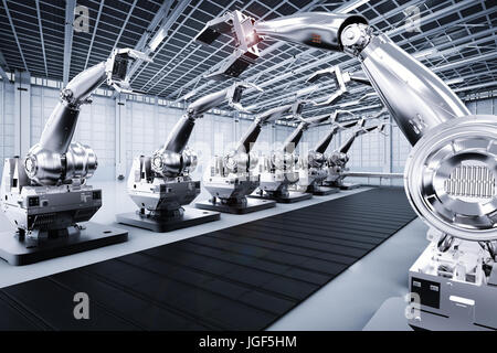 3d rendering robotic arms with conveyor line in factory Stock Photo