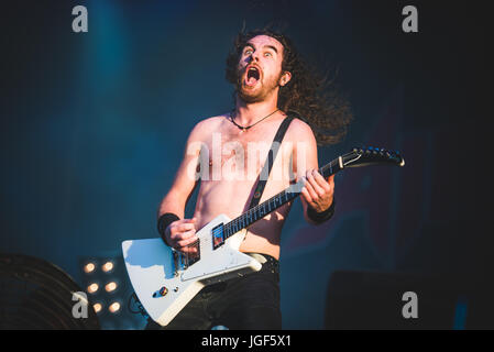 June 17, 2017: Airbourne performing live on stage at the Hellfest Festival 2017 in Clisson Photo: Alessandro Bosio Stock Photo