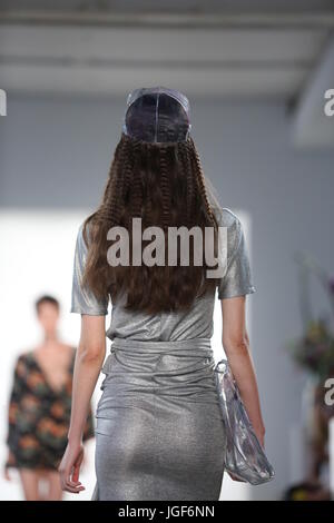 Berlin, Germany. 06th July, 2017. Berlin: Steinrohner showcases its latest Spring/Summer 2018 Collections in the Department store Jandorf in the Brunnenstrasse in Berlin-Mitte during the Mercedes-Benz Fashion Week Berlin Spring/Summer 2018 Collections. The photo shows models with the Steinrohner collection on the catwalk. Credit: Simone Kuhlmey/Pacific Press/Alamy Live News Stock Photo