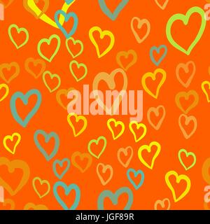 Orange hearts seamless vector tile. Valentines day background. Flat design endless chaotic texture made of tiny heart silhouettes Stock Vector
