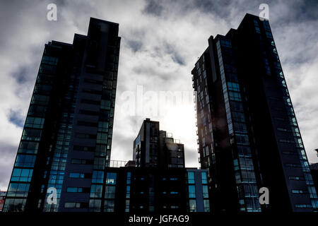 Reykjavik, Iceland - April 1, 2017: Modern buildings just before storm with dramatic clouds in Reykjavik capital city of Iceland Stock Photo