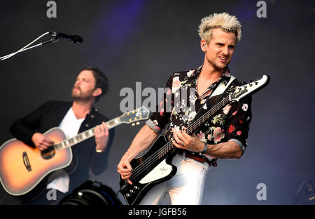 STRICTLY EDITORIAL USE ONLY:- Caleb Followill (left) and Jared Followill of Kings Of Leon perform at the British Summertime festival at Hyde Park, London. Stock Photo