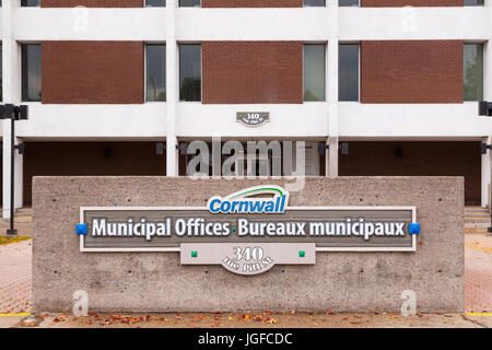 A sign for the Cornwall Municipal Offices building along Pitt Street in Cornwall, Ontario, Canada. Stock Photo