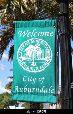 red city of Auburndale banner in downtown Auburndale, FL Stock Photo ...