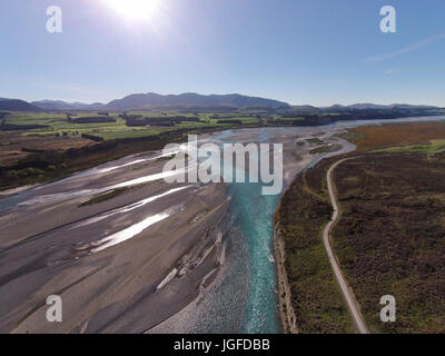 Braided streams of the Rakaia River, and Double Hill Run Road, Canterbury, South Island, New Zealand - drone aerial
