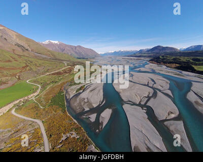 Braided streams of the Rakaia River, and Double Hill Run Road, Canterbury, South Island, New Zealand - drone aerial