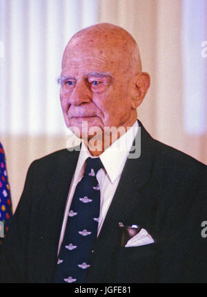 United States Air Force General Jimmy Doolittle is pictured during the ceremony where he is awarded the Presidential Medal of Freedom, the highest civilian award of the US, by US President George H.W. Bush and first lady Barbara Bush in the East Room of the White House in Washington, DC on July 6, 1989.  Doolittle was known for his development of instrument flying and for leading a 1942 air raid on Tokyo, Japan, for which he received the Medal of Honor. Credit: Ron Sachs / CNP /MediaPunch Stock Photo