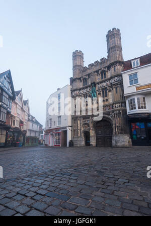 The scene outside Canterbury Cathedral's main gate on a misty morning. Stock Photo