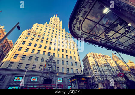 Telefonica building and Gran Via street. Madrid, Spain. Stock Photo