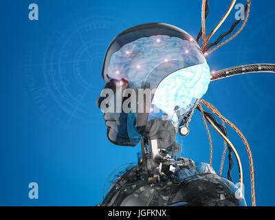 3d rendering robot with shiny brain and wires Stock Photo
