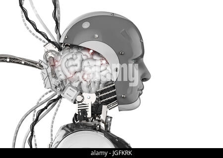 3d rendering robot with brain and wires Stock Photo