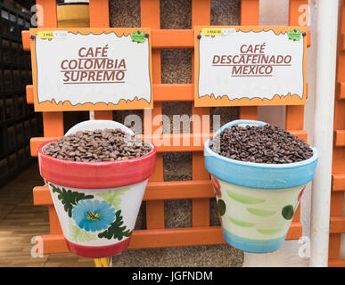 Cordoba, Cordoba Province, Andalusia, southern Spain.   Mexican and Colombian coffee on display at Herbolario Titi & Carpi.  The historic centre of Co Stock Photo