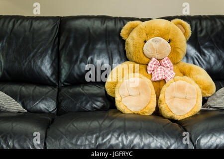 Big brown teddy bear sitting in black sofa Stock Photo