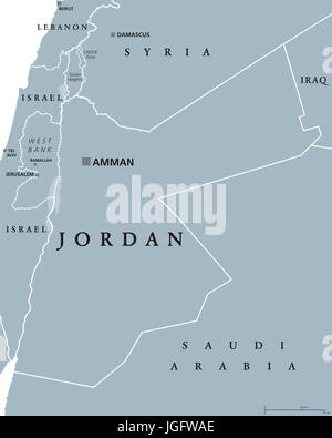 Jordan political map with capital Amman. The Hashemite Kingdom of Jordan, an Arab country in Middle East and Western Asia. Gray illustration. Stock Photo