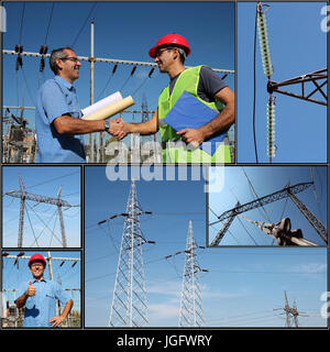 Collage of photographs showing electric company workers at the power substation with power distribution equipment. Stock Photo