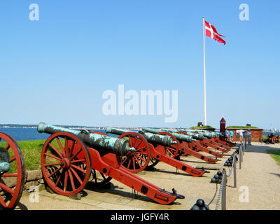 Cannons in a row at Kronborg, Helsingor, Zealand Island, Denmark Stock Photo