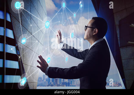 Smart businessman using the modern technologies interface . Business , transportation and wireless communication network reality concept . Stock Photo