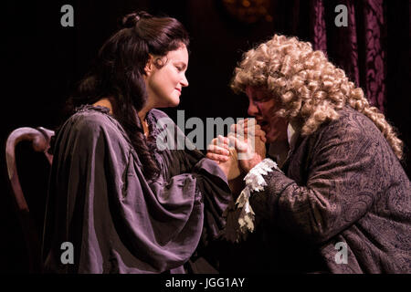 London, UK. 6th July, 2017. L-R: Emma Cunniffe (Queen Anne/Princess Anne) and Hywel Morgan (Prince George of Denmark). After a sold out run at the Swan Theatre in Stratford-upon-Avon in 2015-16, the Royal Shakespeare Company production of Queen Anne transfers to the Theatre Royal Haymarket from 30 June for a thirteen week limited run until 30 September 2017. Queen Anne is a new play written by Helen Edmundson and directed by Natalie Abrahami. With Emma Cunniffe as Queen Anne/Princess Anne, Romola Garai as Sarah Churchill/Duchess of Marlborough. Credit: Bettina Strenske/Alamy Live News Stock Photo