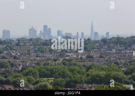 Alexandra Palace. London, UK. 6th July, 2017. Skyline view of the city of London on a hot and humid afternoon in the capital as the temperature reaches 28 degrees celsius Credit: Dinendra Haria/Alamy Live News Stock Photo