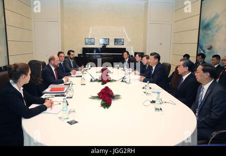 Berlin, Germany. 6th July, 2017. Chinese President Xi Jinping meets with Martin Schulz, chairman of the Social Democratic Party (SPD) of Germany, in Berlin, Germany, July 6, 2017. Credit: Yao Dawei/Xinhua/Alamy Live News Stock Photo
