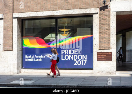 London, UK. 6th July, 2017. Bank of America Merrill Lynch  office in the City of London shows a graphic in the window as part of Pride in London 2017 Credit: CAMimage/Alamy Live News Stock Photo