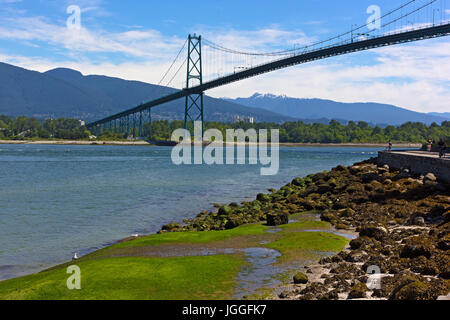 A view on Lions Gate Bridge from Stanley Park, Vancouver, Canada. Shore and mountains landscape during a low tide. Stock Photo