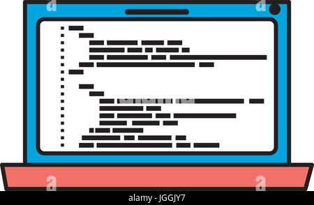 silhouette color sections of laptop computer with screen programming window with script code Stock Vector