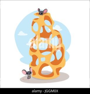 Digital vector funny cartoon cheese labyrinth with happy mice on top and at the bottom, abstract flat style Stock Vector