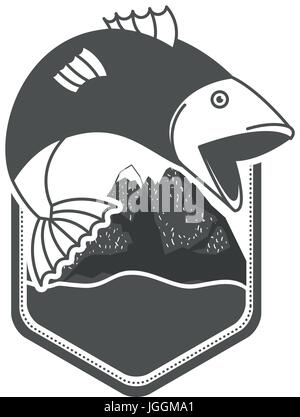 monochrome silhouette emblem mountains and river with fish bigmouth jumping outside Stock Vector