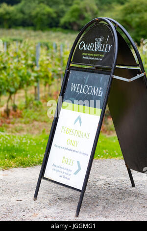 Signage at the popular and award winning Camel Valley Vineyard showing directions to the wine shop, tasting, tours and cellars Stock Photo