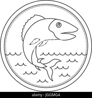 sketch silhouette of circular emblem with waves of sea and trout fish Stock Vector