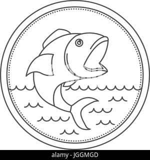 sketch silhouette of circular emblem with waves of sea and open mouth fish Stock Vector