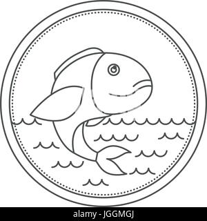 sketch silhouette of circular emblem with waves of sea and bass fish Stock Vector