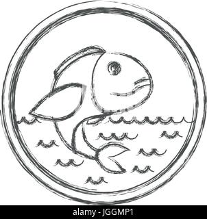 blurred sketch silhouette of circular emblem with waves of sea and bass fish Stock Vector