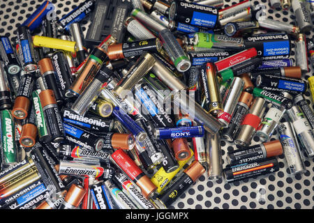 Montreal,Canada 7 July,2017. Pile of used double AA batteries.Credit:Mario Beauregard/Alamy Live News Stock Photo