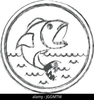 blurred sketch silhouette of circular shape emblem with open mouth fish in the river Stock Vector