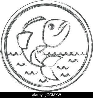 blurred sketch silhouette of circular emblem with waves of sea and bass fish Stock Vector