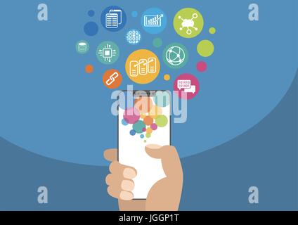 Blockchain vector illustration with icons. Hand holding modern bezel-free / frameless smartphone on blue background