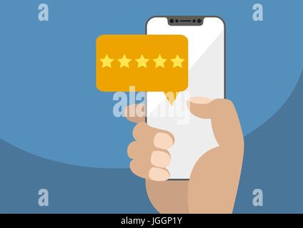 Positive online rating and customer survey vector illustration. Hand holding modern bezel-free / frameless smartphone with yellow five star rating mes Stock Vector