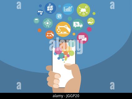 Smart factory vector illustration with icons. Hand holding modern bezel-free / frameless smartphone on blue background
