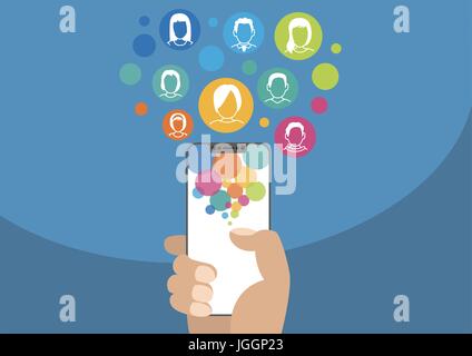 Social network vector illustration with icons. Hand holding modern bezel-free / frameless smartphone on blue background