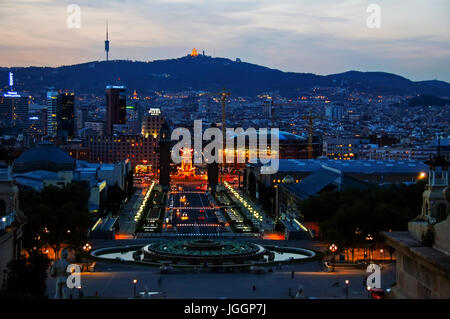 BARCELONA, SPAIN, APRIL 27,  2010. Visiting Twin Towers Of Spain Square at sunset Stock Photo